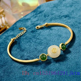 Vintage Jade Blessing Bracelet Natural Chalcedony Chinese Bangle 925 Silver