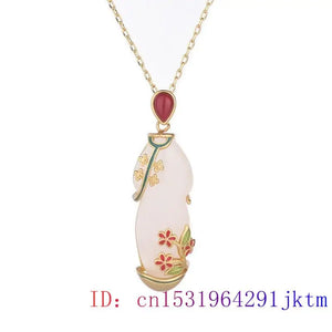 Jade Cheongsam Pendant 925 Silver Zircon Amulet Necklace Chalcedony Jewelry