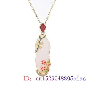 Jade Cheongsam Pendant Necklace 925 Silver Zircon Chalcedony Jewelry