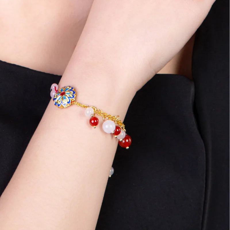 Jade Flower Bracelets Chalcedony Charm Bangles 925 Silver Stone Charms