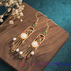 Jade Flower Earrings 925 Silver Gemstone Chinese Talismans