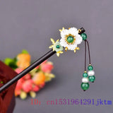 Jade Flower Hairpin 925 Silver Chinese Accessories Jewelry Gift Hair Sticks