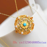 Jade Flower Pendant Women Zircon Amulet Charm Necklace Jewelry