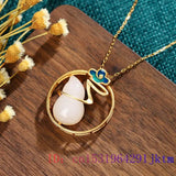 Jade Gourd Pendant Natural Necklace 925 Silver Chinese Chalcedony