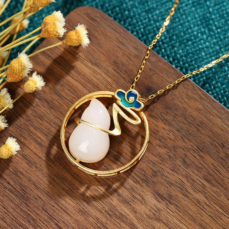 Jade Gourd Pendant Natural Necklace 925 Silver Chinese Chalcedony