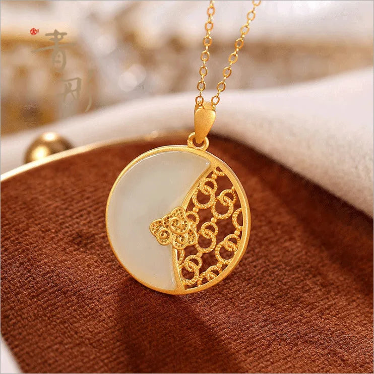 Jade Moon Pendant Chalcedony Vintage 925 Silver Jewelry