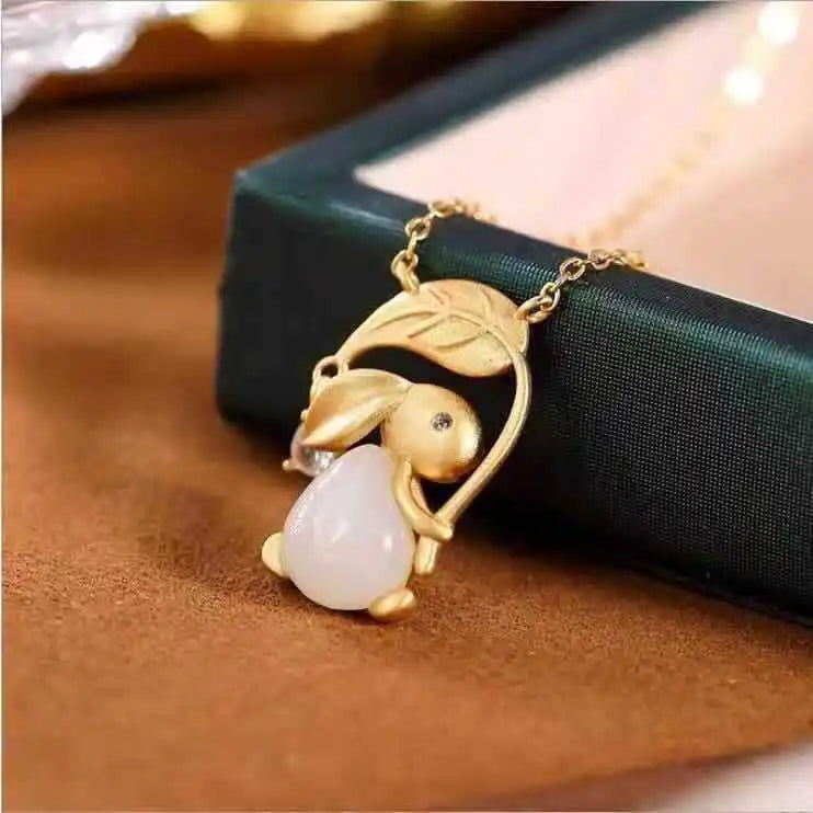 Jade Rabbit Pendant Stone 925 Silver Necklace Natural Gemstones Gift Pendants