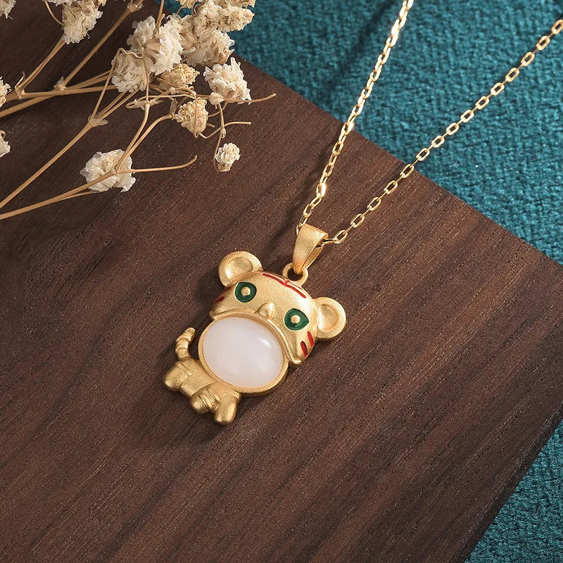 Jade Tiger Pendant Necklace 925 Silver Chalcedony Crystal Chains for Women