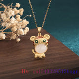 Jade Tiger Pendant Necklace Natural Chalcedony 925 Silver Crystal