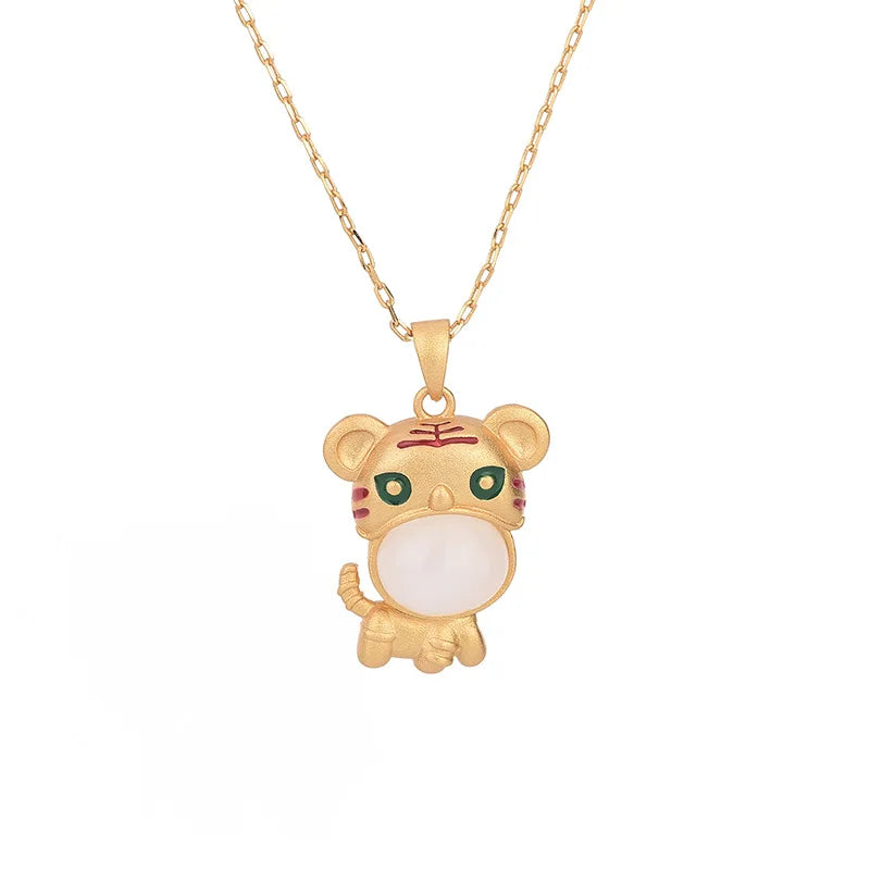 Jade Tiger Pendant Necklace Natural Chalcedony 925 Silver Crystal