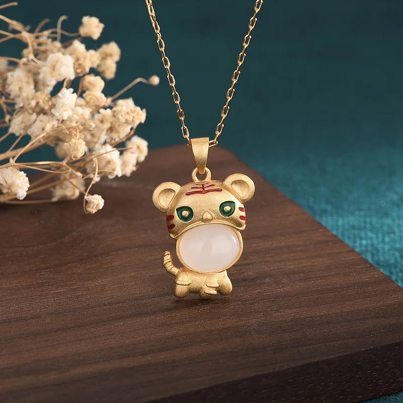Jade Tiger Pendant Chalcedony Necklace 925 Silver Men Amulets Chains
