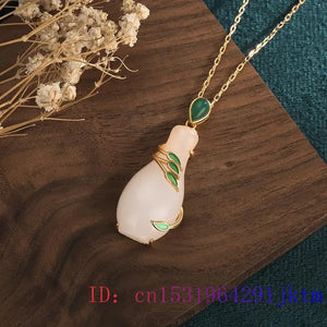 Jade Vase Pendant Crystal Necklace Gemstone Chinese Zircon 925 Silver Chalcedony