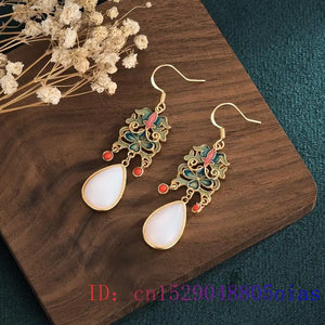 Jade Water drop Earring Crystal Natural Amulet 925 Silver Chalcedony Zircon