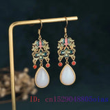 Jade Water drop Earring Crystal Natural Amulet 925 Silver Chalcedony Zircon