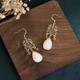 Jade Water drop Earring Crystal Natural Amulet 925 Silver Chalcedony Zircon