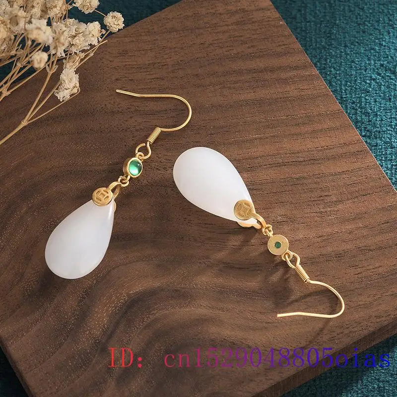 Jade Water Drop Earrings Gemstone Amulet Jewelry Chalcedony Charm