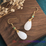 Jade Water Drop Earrings Gemstone Amulet Jewelry Chalcedony Charm