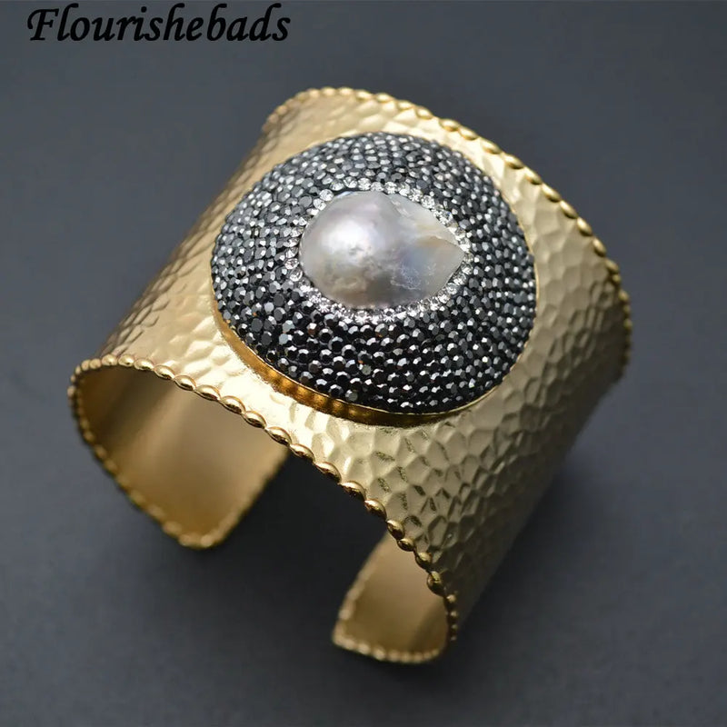 Freshwater Pearl Drop Baroque Beads Wide Cuff Bangle Bracelet
