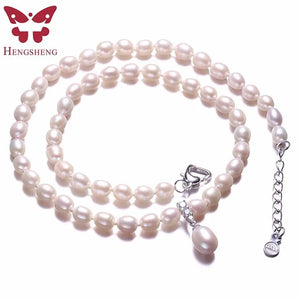 Freshwater Pearl Necklace with Zircon Pendant, Silver Jewelry
