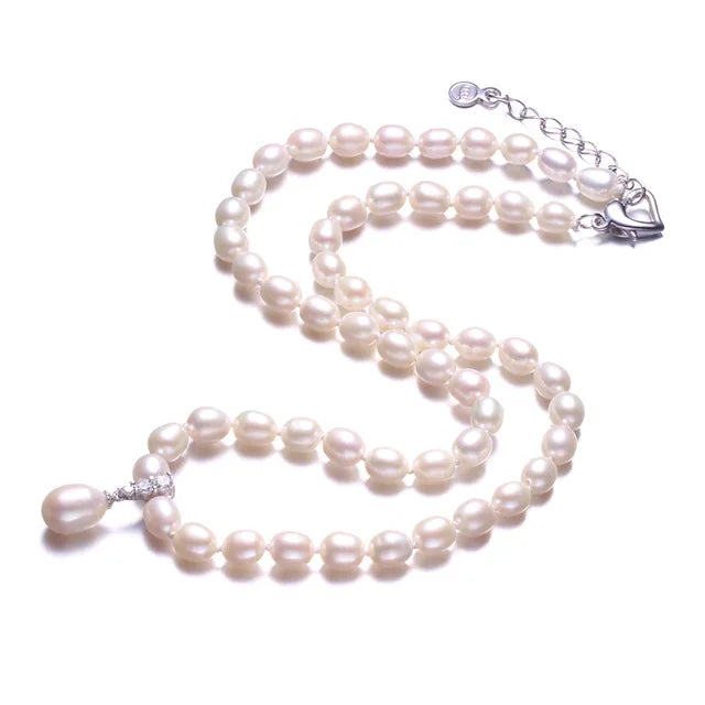 Freshwater Pearl Necklace with Zircon Pendant, Silver Jewelry