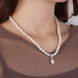 Freshwater Pearl Necklace with Zircon Pendant, Silver Jewelry