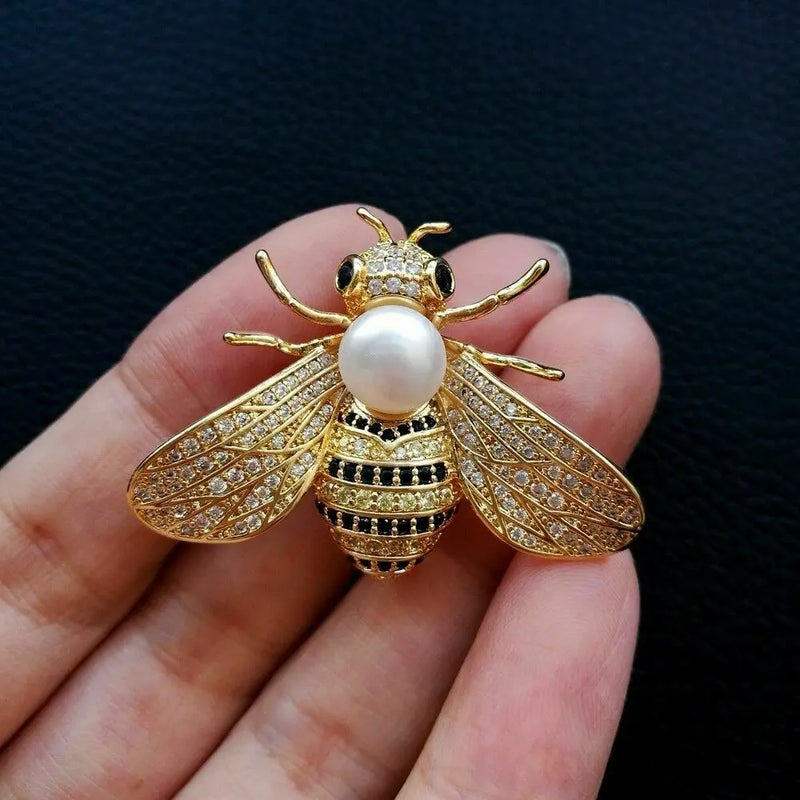 Pearl Zircon Bee Brooch with Pave Setting