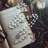 Catholic Rosary Necklace Crystal Pink-Pearl Long Chain Jesus Jewelry Gift