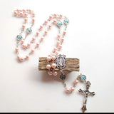 Catholic Rosary Necklace Crystal Pink-Pearl Long Chain Jesus Jewelry Gift