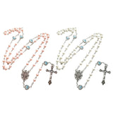 Catholic Rosary Necklace Crystal Pink-Pearl Long Chain Jesus Jewelry Gift