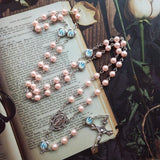 Catholic Rosary Necklace Crystal Pink-Pearl Long Chain Jesus Jewelry Gift