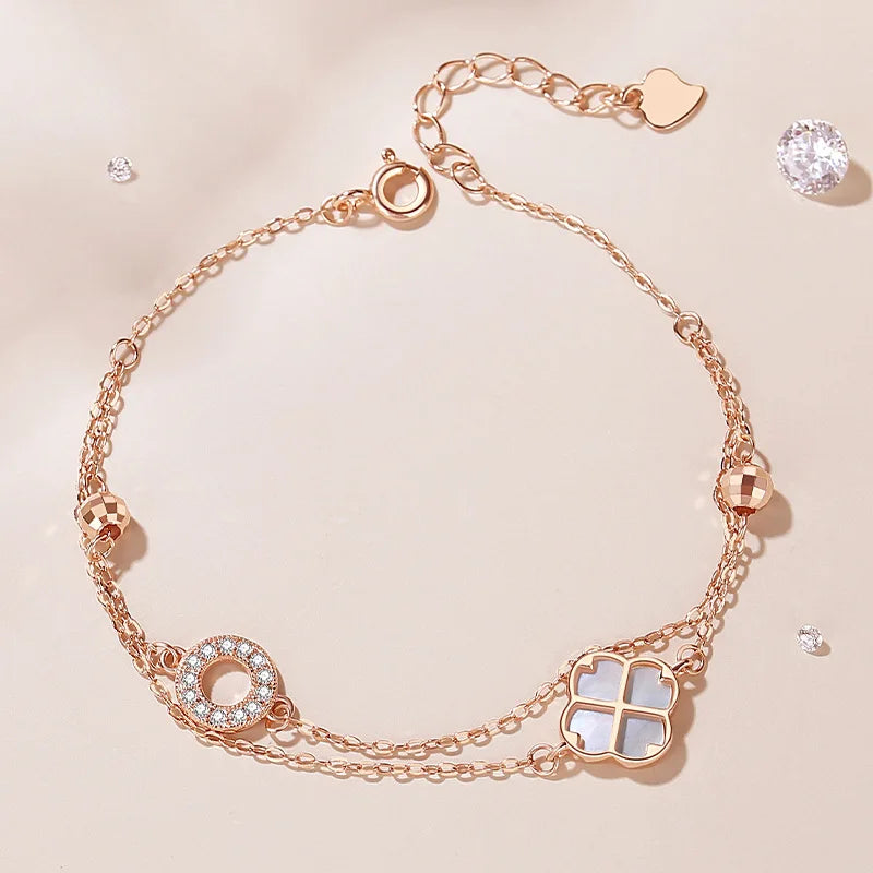 Shell Bracelet Silver 925 Lucky Clover Rose Chain Double Layered Accessory