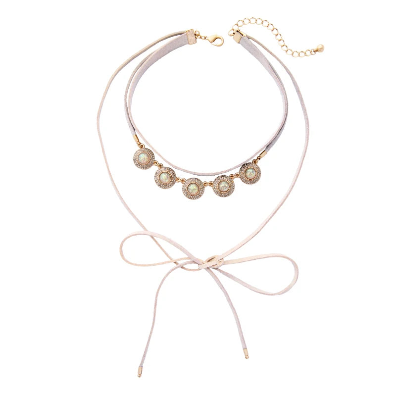 Suede Resin Crystal Choker Necklace Vintage Collar Accessory