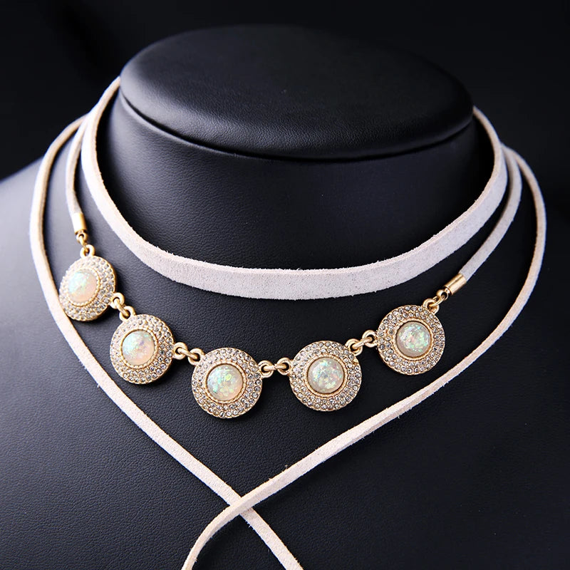 Suede Resin Crystal Choker Necklace Vintage Collar Accessory