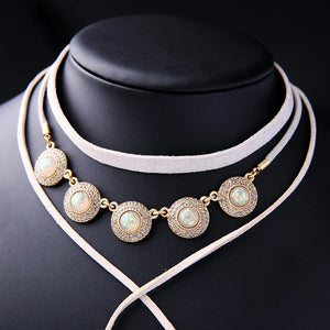 Suede Resin Crystal Choker Necklace Vintage Collar Accessory