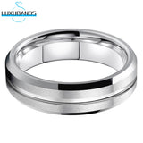 Tungsten Carbide Wedding Ring 8mm Grooved Beveled Edges Matte Brushed Finish