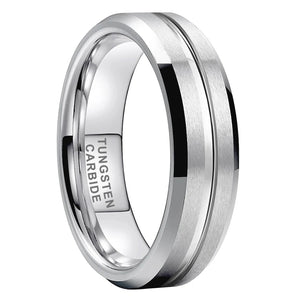 Tungsten Carbide Wedding Ring 8mm Grooved Beveled Edges Matte Brushed Finish