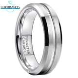 Tungsten Carbide Wedding Ring 8mm Grooved Beveled Edges Matte Brushed Finish
