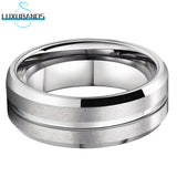 Tungsten Carbide Wedding Ring 8mm Grooved Beveled Edges Matte Brushed Finish