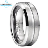 Tungsten Carbide Wedding Ring 8mm Grooved Beveled Edges Matte Brushed Finish