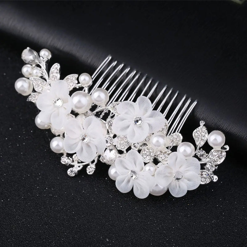 Bridal Side Comb with Crystals, Pearls & Silk Flower