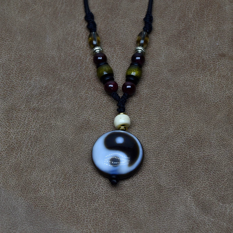 Agate DZI Pendant Necklace Tea Crystal Garnet Woven Amulet Tai Chi Pattern