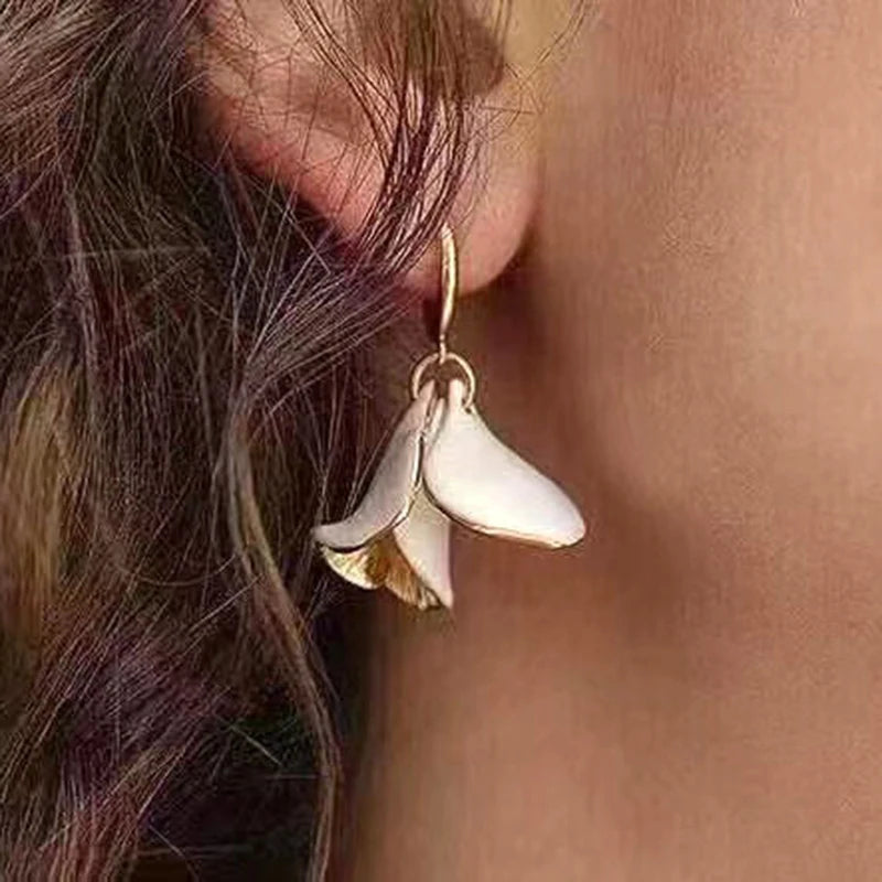 Enamel Lily Floral Petal Earrings for Women French Jewelry