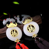 Chinese Jade Double Tassel Hanging Rearview Mirror Fook Lucky Decoration