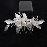 Bridal Floral Ceramic Flower Hair Comb Set with Rhinestone Crystal