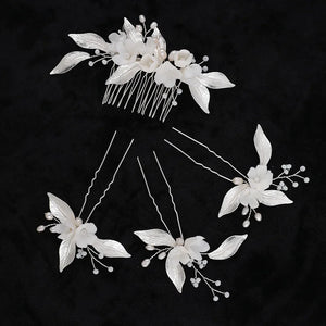 Bridal Floral Ceramic Flower Hair Comb Set with Rhinestone Crystal