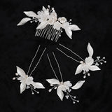 Bridal Floral Ceramic Flower Hair Comb Set with Rhinestone Crystal
