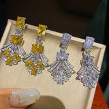 Geometric Fan-Shaped CZ Diamond Earrings 925 Silver Bride Wedding Jewelry