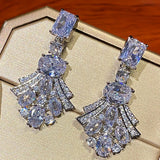 Geometric Fan-Shaped CZ Diamond Earrings 925 Silver Bride Wedding Jewelry