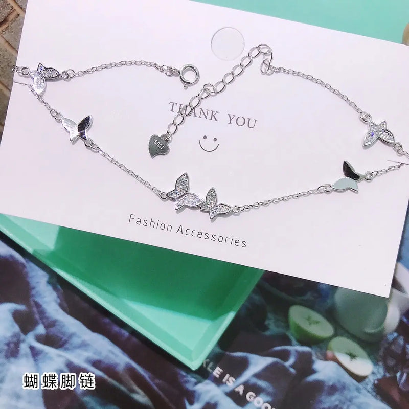 925 Silver Butterfly Anklet with Zirconia Chain