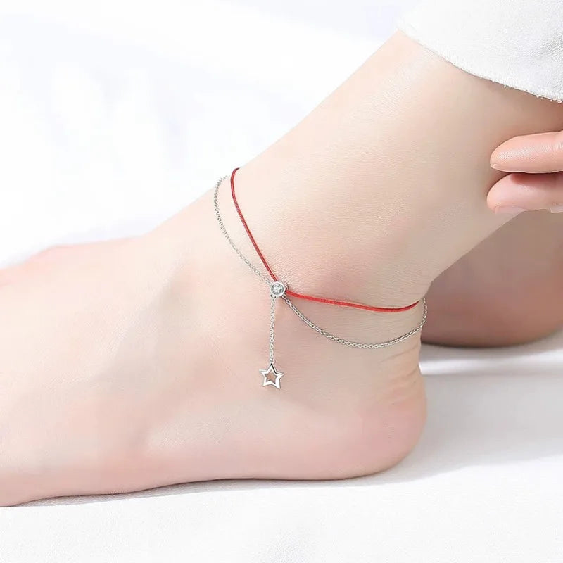 925 Sterling Silver Zircon & Star Anklets Red Rope Ankle Summer Accessories